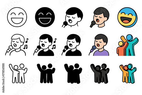 Karaoke Emotions Icons. Icon Set of Karaoke Emotions: Laughing face, Singing joy, Cheering friends. Icons set in vector style, emblematic variations. Laughing