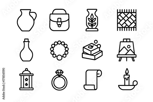 Artisan Stalls Icons. Artisan stalls. Line icon set of artisan stalls: pottery jug, leather bag, wood carving, woven mat, glass bottle, beaded bracelet,