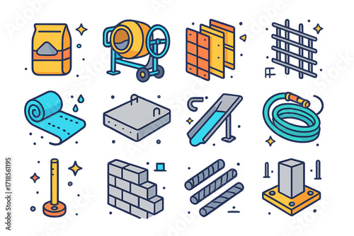 Concrete Construction Icons. Colorful isometric vector icons set of concrete construction environment: cement bag, mixing station, formwork panels, rebar grid,