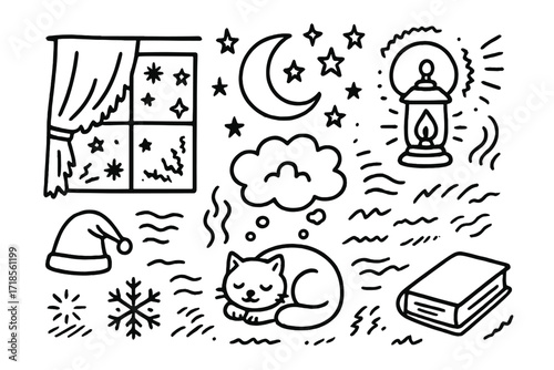 Frosty Night Doodles. Hand-drawn doodle illustration night frost window frozen stars, crescent moon, frosted curtain, glowing lantern, snowflake shadow, foggy