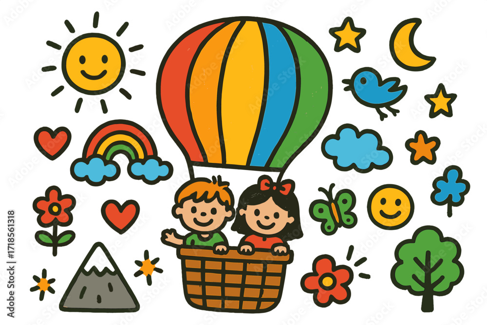 Fototapeta premium Whimsical Balloon Adventure. Colorful Hand-drawn doodle Children illustration Hot Air Balloon Ride [hot air balloon, basket, sun, cloud, rainbow, bird, star,