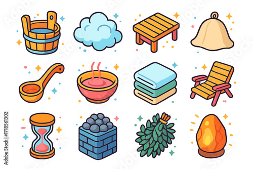 Sauna Spa Icons Set. Colorful isometric vector icons set of sauna and thermal spa: wooden sauna bucket, steam cloud, heated bench, sauna hat, wooden ladle,