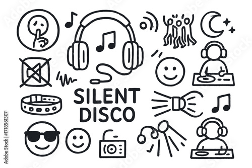 Silent Disco Vibes. Hand-drawn doodle illustration Silent disco event [headphones, music note, dance icon, LED wristband, quiet sign, signal icon, sound waves,
