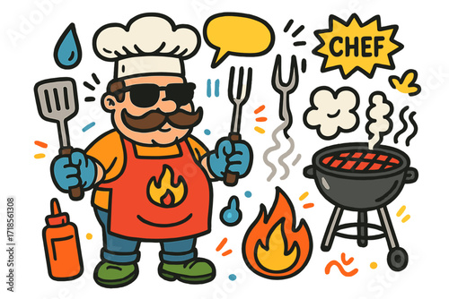 Grill Master Doodle. Colorful Hand-drawn doodle Children illustration Grill master character chef hat, apron with logo, sunglasses, spatula, fork, grill smoke,