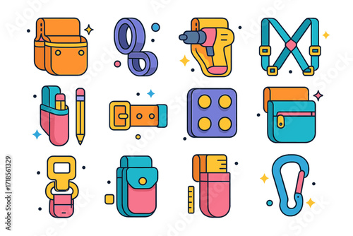 Tool Belt Icon Set. Colorful isometric vector icons set of organizer pouches and tool belt add-ons: fastener pouch, tape loop, drill holster, zip pocket,