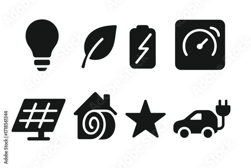 Energy Efficiency Icons. Solid, filled icon set of energy efficiency: light bulb, eco leaf, power saving mode, smart thermostat, solar panel, insulation,