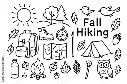 Scenic Fall Hiking Icons. Hand-drawn doodle illustration Scenic fall hiking, backpack, hiking boots, map, compass, water bottle, campfire, leaves, acorn, pine