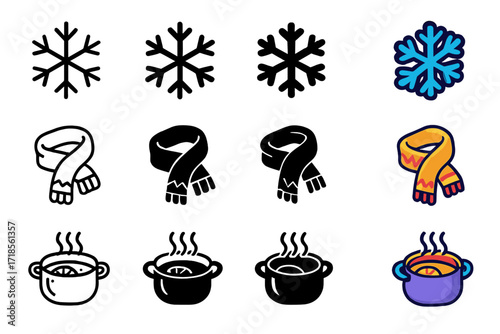 Winter Cider Icon Set. Icon Set of Winter Cider Nights: Snowflake, Cozy scarf, Hot cider pot. Icons set in vector style, emblematic variations. Snowflake line,