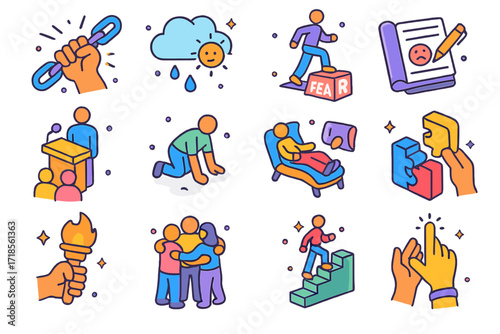 Overcoming Challenges Icons. Colorful isometric vector icons set of overcoming challenges: breaking chains, storm cloud clearing, stepping over fear block,