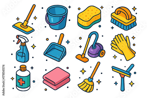Colorful Cleaning Icons. Cleaning. Colorful isometric vector icons set of cleaning: mop, bucket, sponge, scrub brush, spray bottle, dustpan, vacuum cleaner,