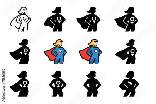 Empowerment Superhero Logos. Set Logo of women's empowerment: female superhero figure. Logo set in vector style, emblematic variations. line, bold thick line,