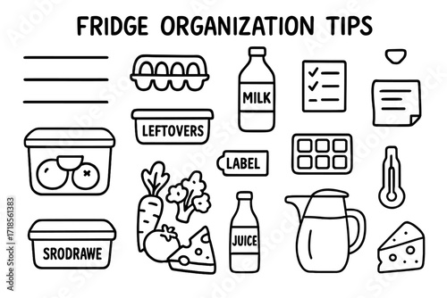 Organized Fridge Doodle. Hand-drawn doodle illustration Fridge organization tips [fridge shelves, egg carton, milk bottle, leftovers box, fruit drawer, ice