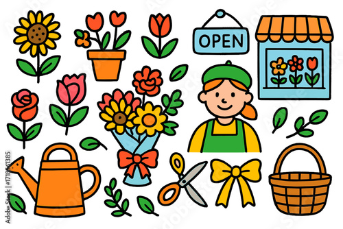 Cheerful Flower Shop Icons. Colorful Hand-drawn doodle Children illustration Flower shop bouquet, flower pot, sunflower, tulip, rose, watering can, smiley