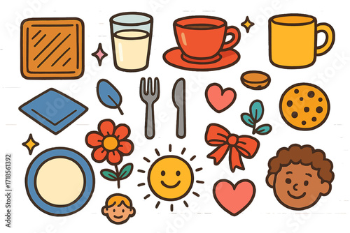 Colorful Children's Coaster Doodles. Colorful Hand-drawn doodle Children illustration Wooden Coasters wooden coaster, glass of milk, tea cup, coffee mug,