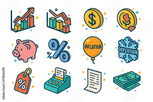 Isometric Price Icons. Price Changes. Colorful isometric vector icons set of Price Changes: rising prices graph, falling prices graph, dollar sign, coin with