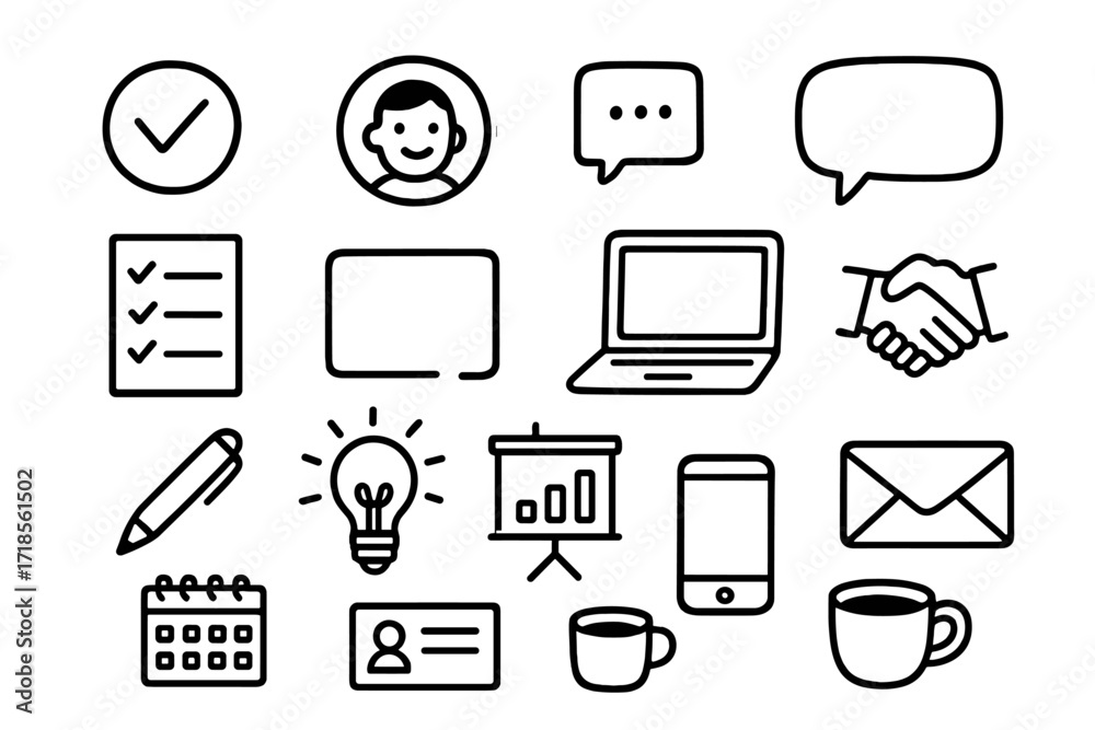 Fototapeta premium Entrepreneur Toolkit Icons. Hand-drawn doodle illustration Entrepreneur personal branding tools [logo mark, profile photo, social media icon, speech bubble,
