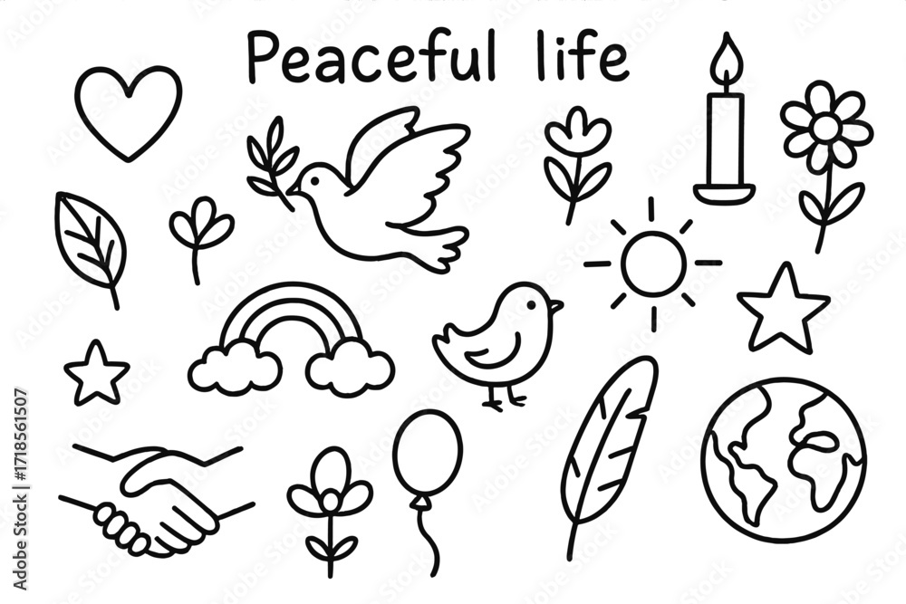 Fototapeta premium Symbols of Peace. Hand-drawn doodle illustration Peaceful life Heart, dove, olive branch, candle, flower, leaf, rainbow, cloud, sun, star, bird, balloon,