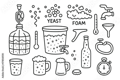 Fermentation Doodle Illustration. Hand-drawn doodle illustration Fermentation process carboy, bucket, airlock, thermometer, bubbles, yeast, foam, spigot,