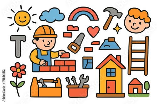 Doodle House Construction. Colorful Hand-drawn doodle Children illustration Building a House construction worker, bricks, hammer, saw, ladder, window, door,