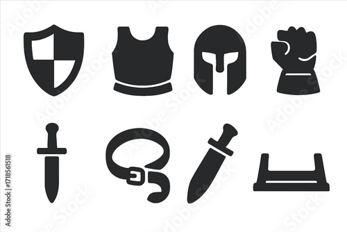 Sword Icon Set. Solid, filled icon set of sword-related items: shield, armor, helmet, gauntlet, dagger, sword belt, sheath, sword stand. Solid, filled icons in