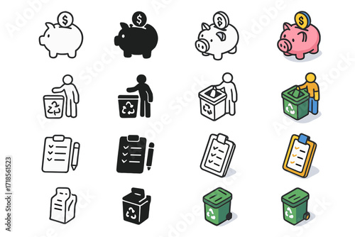Responsibility Icon Set. Icon Set of Responsibility lessons: saving pocket money, sorting recycling, planning shopping list. Icons set in vector style,