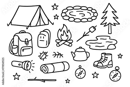 Camping Essentials Doodle. Hand-drawn doodle illustration [camping by natural springs] [tent, campfire, water source, backpack, flashlight, bug, sleeping bag,