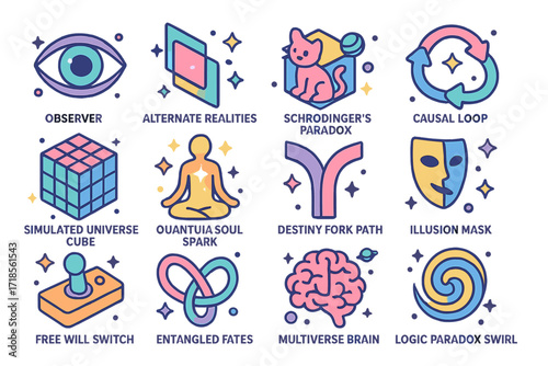 Quantum Concepts Icons. Colorful isometric vector icons set of quantum philosophy concepts: observer eye, alternate realities, Schrodinger's paradox, causal