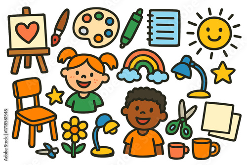 Art Supplies Doodle. Colorful Hand-drawn doodle Children illustration Open Art Space [canvas, easel, paintbrush, palette, marker, notebook, chair, lamp, mug,
