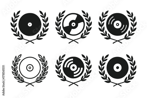 Music Legend Logos. music legend. Set Logo of music legend: vinyl record with laurel wreath. harmonious logo variations of the same emblematic concept, each