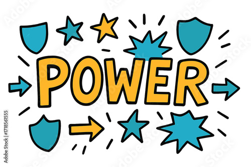 Power Doodle Artistry. Power Doodle ? Doodle/Sketch style, playful hand-drawn letters with arrows, stars, shields, and bursts, casual loose composition, no