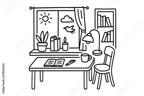 Library Window Doodle. Hand-drawn doodle illustration [Library window sill] [window, potted plant, books, candle, notebook, pen, cup, curtain, lamp, chair,