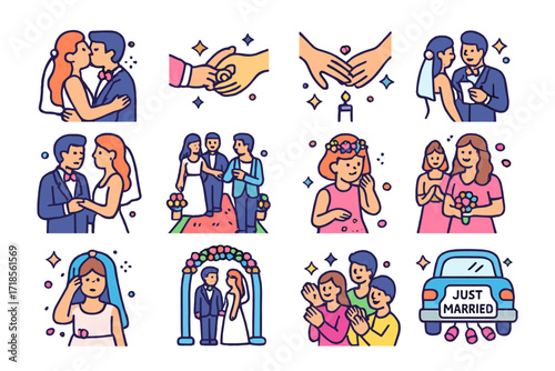 Wedding Ceremony Icons. Colorful isometric vector icons set of Wedding ceremony moments: first kiss, ring exchange, holding hands, lighting unity candle,