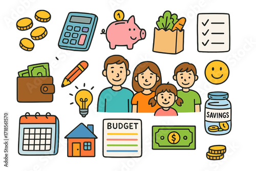 Family Budgeting Doodle. Colorful Hand-drawn doodle Children illustration Family Budgeting coins, calculator, grocery bag, piggy bank, checklist, family,