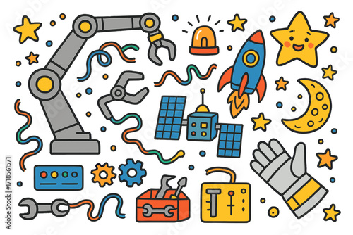 Colorful Space Robots. Colorful Hand-drawn doodle Children illustration Robotic arms in space robot arm, docking claw, buttons, satellite, star field, rocket