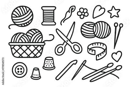 Yarn and Fiber Essentials. Hand-drawn doodle illustration Yarn and fiber essentials [yarn ball, spool, thread, basket, wool skein, scissors, measuring tape,
