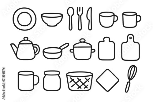 Minimalist Kitchen Doodles. Hand-drawn doodle illustration Minimalist kitchen tools [plate, bowl, spoon, fork, knife, cup, teapot, pan, pot, cutting board,