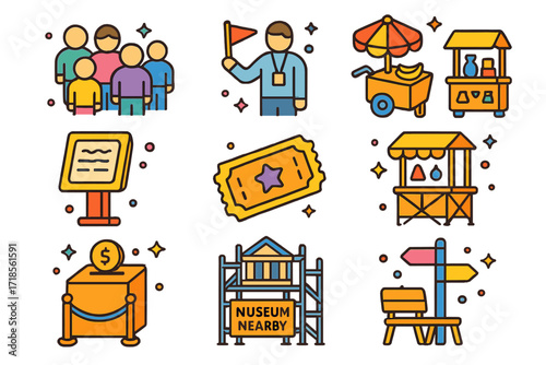 Colorful Isometric Monument Icons. Colorful isometric vector icons set of cultural elements at monument sites: tour group, tour guide with flag, local vendor