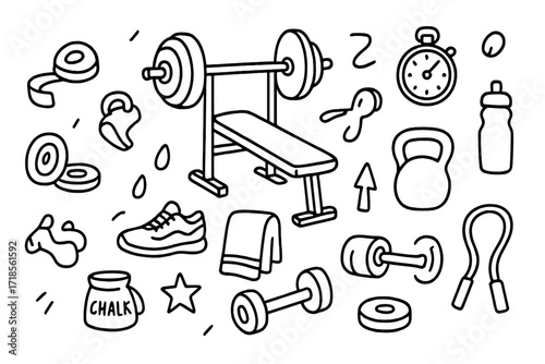 Gym Essentials Doodle. Hand-drawn doodle illustration Fitness training bench press barbell, gym bench, weight plates, stopwatch, whistle, sneakers, towel,
