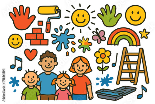 Children's Community Mural. Colorful Hand-drawn doodle Children illustration Community mural day handprints, paint roller, sun, happy faces, paint splatter,