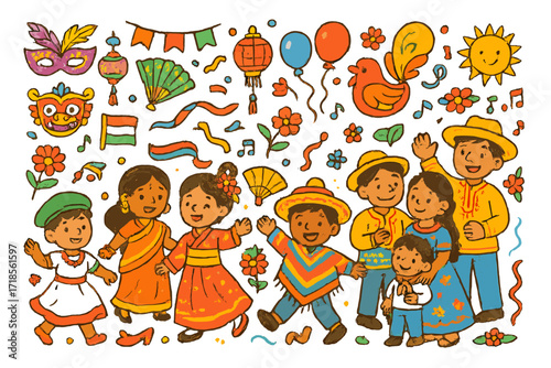 Colorful Children Parade. Colorful Hand-drawn doodle Children illustration Traditional costumes parade traditional hats, dresses, jewelry, fans, shoes, masks,