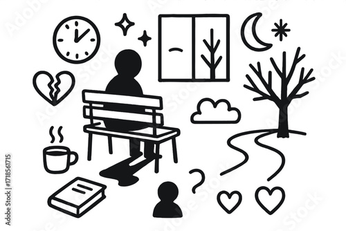 Solitude and Reflection. Hand-drawn doodle illustration Waiting in solitude [clock, bench, window, figure silhouette, broken heart, star, moon, sparkle, book,