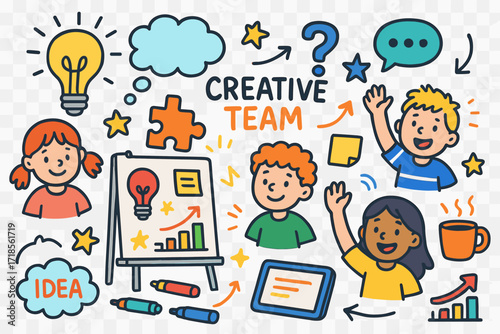 Creative Brainstorming Doodles. Colorful Hand-drawn doodle Children illustration Creative Team Brainstorming session light bulb, thought bubble, puzzle piece,