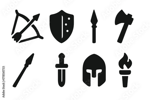 Folklore Weapon Icons. Solid, filled icon set of folklore tools and weapons: bow and arrow, shield, axe, spear, dagger, helmet, chainmail, torch. Solid, filled