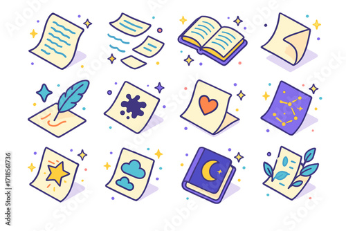 Dreamy Paper Icons. Colorful isometric vector icons set of poetic and dreamy papers: handwritten letter floating, poetry lines drifting, open poetry book,