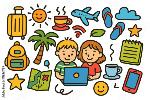 Digital Nomad Adventure. Colorful Hand-drawn doodle Children illustration digital nomads laptop, suitcase, airplane, palm tree, coffee cup, wifi signal,