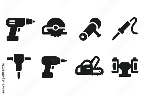 Power Tools Icons. Solid, filled icon set of power tools: electric drill, circular saw, angle grinder, soldering iron, jackhammer, power screwdriver, chainsaw,