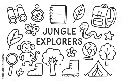 Jungle Exploration Doodles. Hand-drawn doodle illustration Jungle explorers [binoculars, compass, notebook, backpack, leaf, monkey, snake, butterfly, tree,