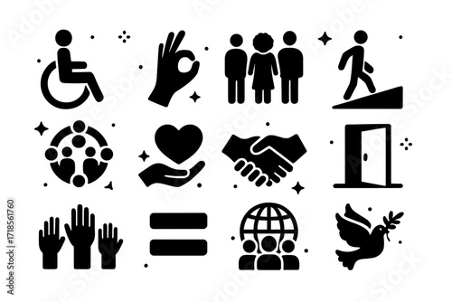 Inclusion Icon Set. Inclusion. Solid icons set of wheelchair symbol, sign language hand, diverse people, accessible ramp, inclusive circle, support heart,
