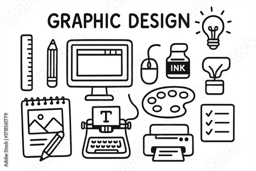 Design Tools Doodle. Graphic Design. Hand-drawn doodle illustration catalog mockup, computer screen, mouse, ruler, pencil, sketchbook, palette, typewriter,