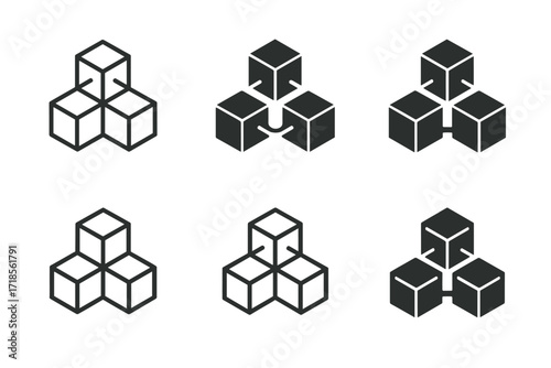 Blockchain Logo Variations. Blockchain. Set Logo of Blockchain: Cube network. harmonious logo variations of the same emblematic concept, each with different